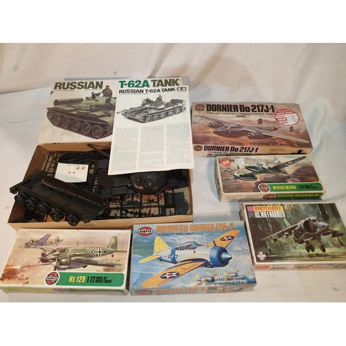 2437 - Six started plastic kits, Tamiya 1/35 scale Russian tank, appears complete, Airfix aircraft kits, ap... 