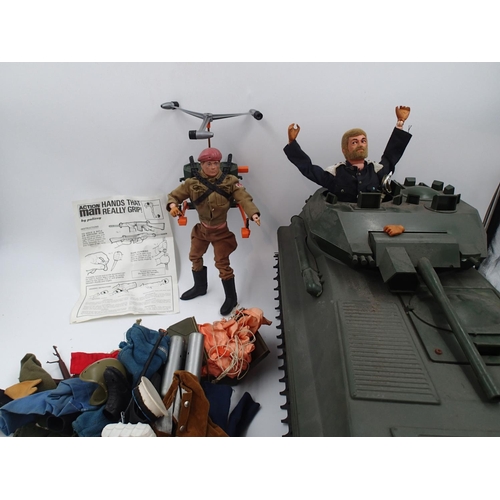 2449 - Action Man, Palitoy bundle, 1x tank, 2x Action Men with hardened hands, helipack, parachute and more... 