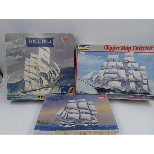 2490 - Three ship kits, including an Academy Whaler, Heller La Belle Etoile and a Revell Cutty Sark. UK P&P... 