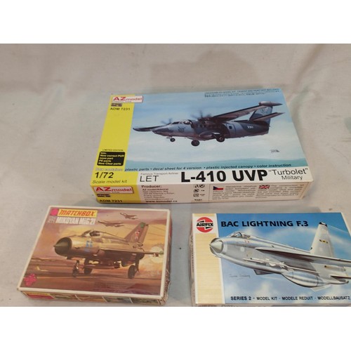 2361 - Three 1/72 scale aircraft kits, Matchbox MiG 21, Airfix Lightning F3, and AS Models Turbolet, each b... 