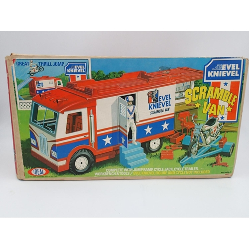 2501 - Ideal Scramble Van, Evil Knievel boxed playset, appears complete, damages as pictured. UK P&P Group ... 