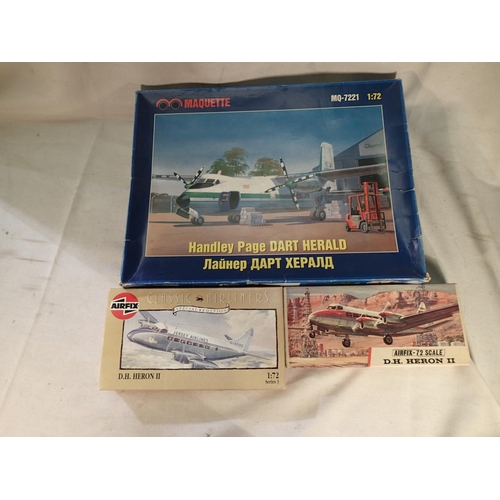 2358 - Three 1/72 scale airliner kits, two Airfix D.H Heron, and Maquette Dart Herald, appear complete, unc... 