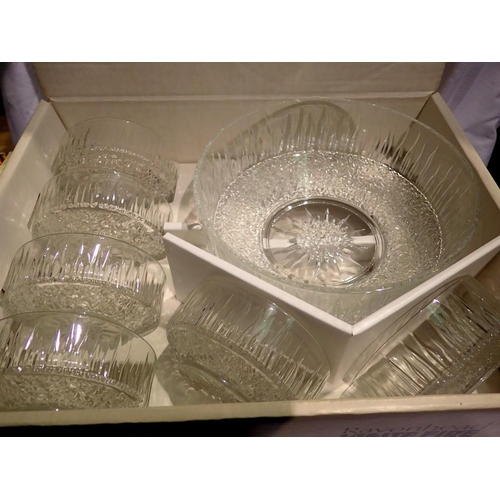 1030 - Boxed Ravenhead glass white fire dessert set. Not available for in-house P&P