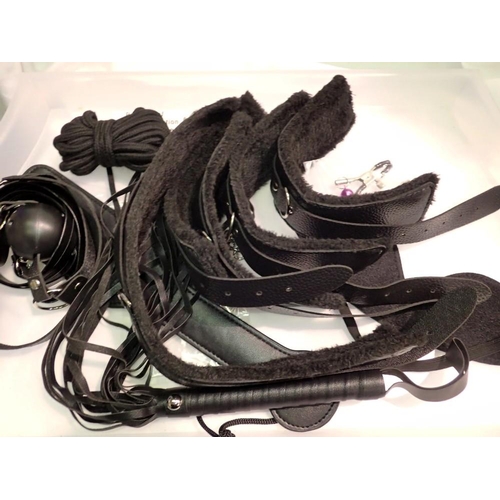 1112 - Sealed BDSM accessory kit to includes restraints , taming collar, gimp gag and whip. Not available f... 