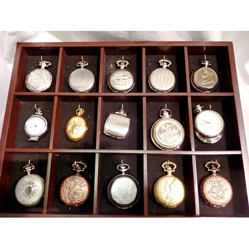 1116 - Wooden wall display presented with 15 pocket watches - all working at lotting up. UK P&P Group 2 (£2... 