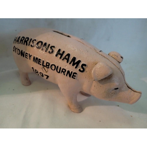 1200 - Cast iron Harrisons Ham Pig moneybox, L: 18 cm. UK P&P Group 1 (£16+VAT for the first lot and £2+VAT... 