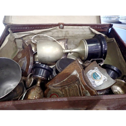 1222 - Vintage small leather case containing silver plated trophies and shields. Not available for in-house... 