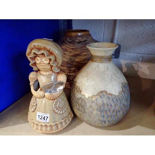 1247 - Two large earthernware vases with a ceramic utensil pot, tallest 28cm H. Not available for in-house ... 