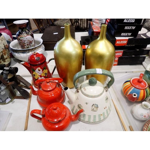 1357 - Mixed collection of items, including enamel kettles, tea and coffee pots and a modern vase. Not avai... 