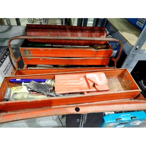 1858 - Red metal cantilever tool box. Not available for in-house P&P