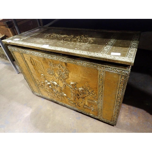 1902 - Brass plated box with brass contents, 55 x 81 cm. Not available for in-house P&P