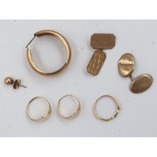 19 - Three 9ct gold rings, earring, ear stud and two single 9ct gold cufflinks, combined 12.8g. UK P&P Gr... 