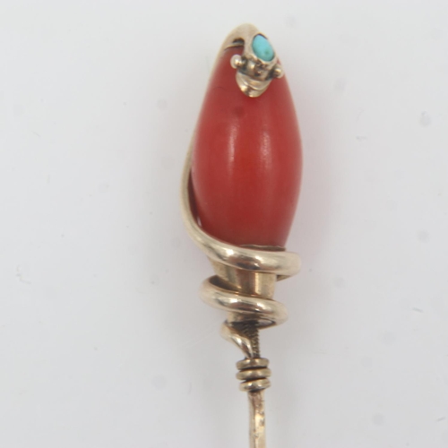 45 - Victorian unmarked 9ct gold, coral and turquoise stick pin, the top in the form of a coiled snake, t... 