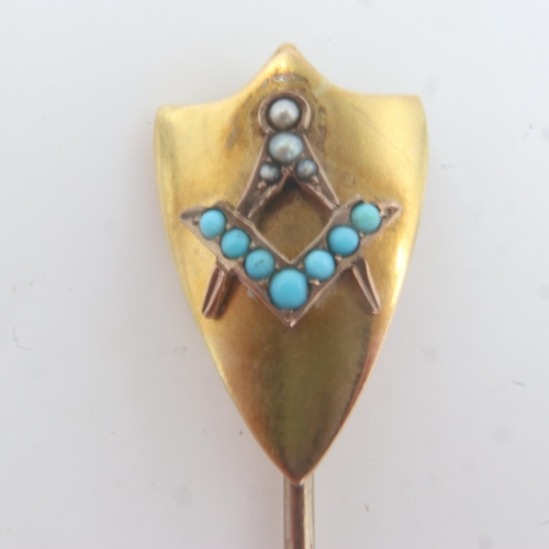 8 - Victorian Masonic tie pin, unmarked 15ct gold top and 9ct gold pin, set with seed pearl and turquois... 