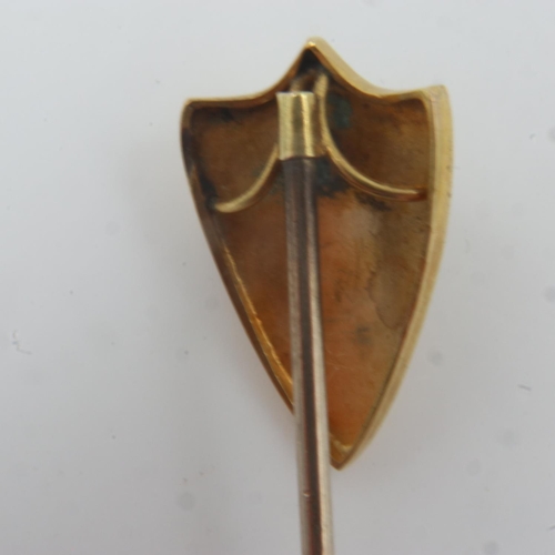 8 - Victorian Masonic tie pin, unmarked 15ct gold top and 9ct gold pin, set with seed pearl and turquois... 