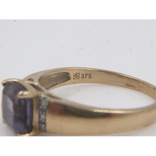 9 - 9ct gold ring set with amethyst and diamonds, size V, 3.5g. UK P&P Group 0 (£6+VAT for the first lot... 