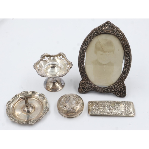 100 - Mixed damaged hallmarked silver items, combined 95g, and a silver mounted photograph frame, with fau... 