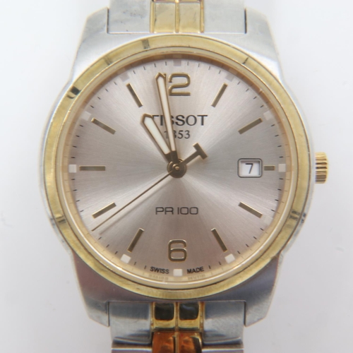 63 - TISSOT: Gents PR100 steel cased quartz wristwatch on a bi-metallic bracelet, not working. UK P&P Gro... 