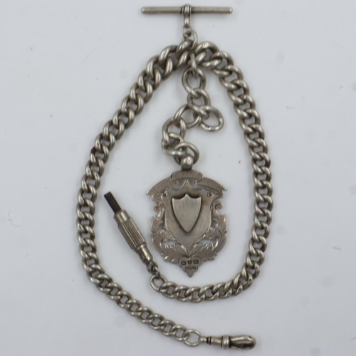 65 - Hallmarked silver double Albert watch chain with T-bar and fob, 79g, L: 33 cm. UK P&P Group 1 (£16+V... 