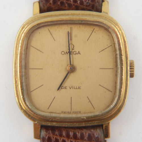 68 - OMEGA: Ladies De Ville gold plated manual wind wristwatch on an aftermarket leather strap, working a... 