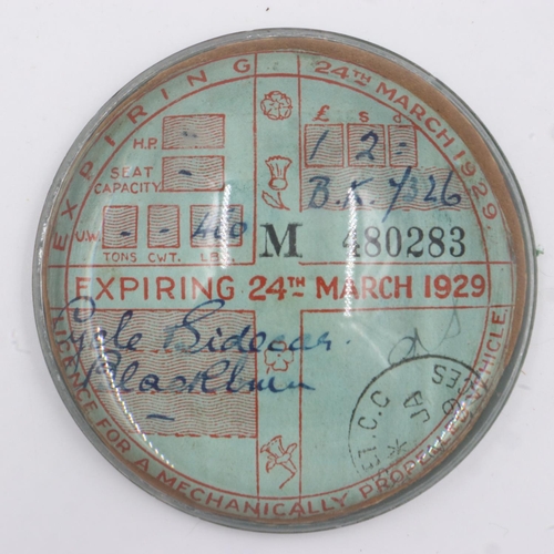 103 - 1929 road tax domed paperweight, D: 80 mm. UK P&P Group 1 (£16+VAT for the first lot and £2+VAT for ... 