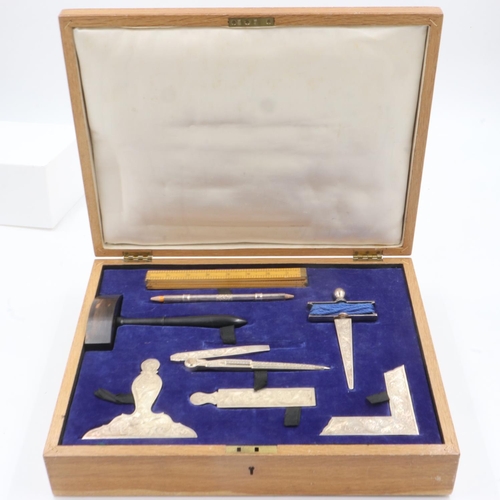 110 - Set of silver plated Masonic Lodge Working Tools, set within a fitted oak box. UK P&P Group 3 (£30+V... 