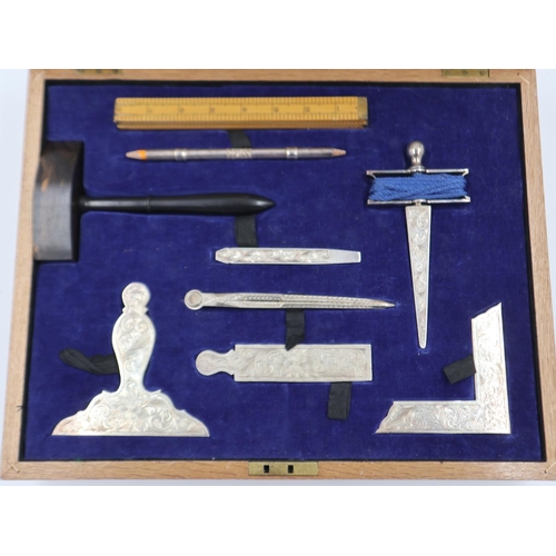 110 - Set of silver plated Masonic Lodge Working Tools, set within a fitted oak box. UK P&P Group 3 (£30+V... 