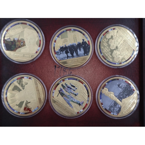 144 - Six large Battle of Britain gold plated Commemorative medallions in a wooden case. UK P&P Group 1 (£... 