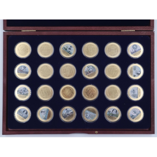 146 - Set of twenty-four Famous Seafarer and Explorers gold plated illustrated medallions in a wooden case... 