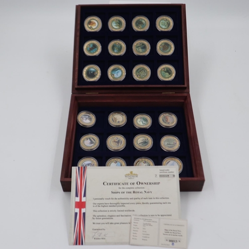 147 - Set of twenty-four Ships of the Royal Navy gold plated illustrated medallions in a wooden case. UK P... 