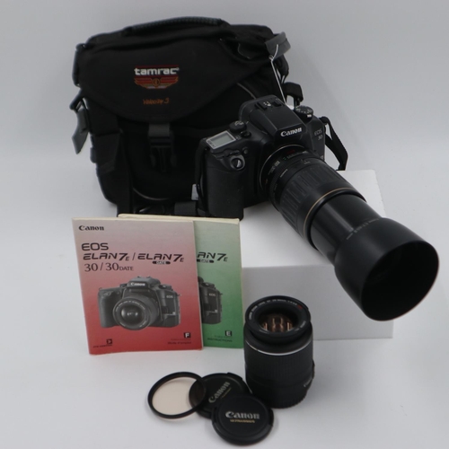 153 - Canon EOS 30 35mm SLR film camera, with a 100-300mm lens, 430EZ flash and a soft case. UK P&P Group ... 