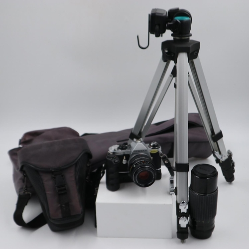 157 - Pentax ME Super camera with Pentax 50mm lens, battery grip, tripod and Sigma Zoon lens with soft cas... 