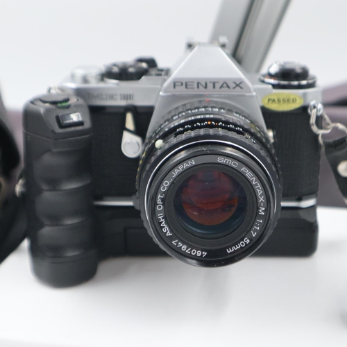 157 - Pentax ME Super camera with Pentax 50mm lens, battery grip, tripod and Sigma Zoon lens with soft cas... 