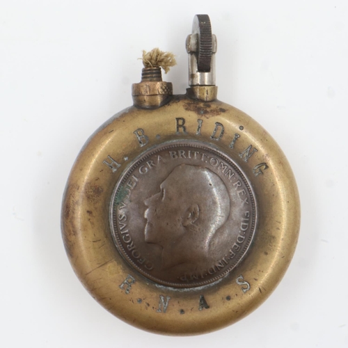 105A - RNAS interest: a WWI trench-art cigarette lighter, named to H B Riding RNAS, inscribed Souvenir de G... 