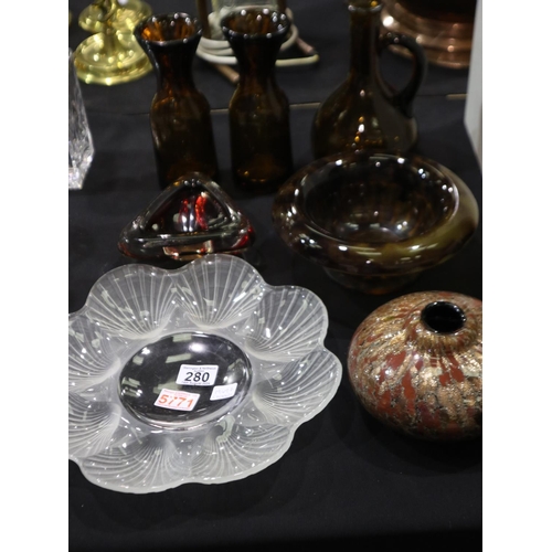 280 - Art glass including bottle vases, squat vase etc, with a frosted glass oyster plate in the manner of... 