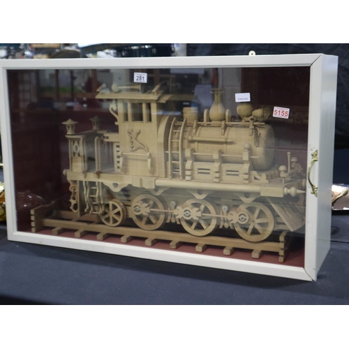 281 - Large hand made wooden steam train in a glazed case, train is 80cm L. Not available for in-house P&P