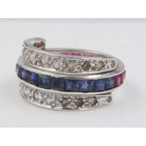 54A - Art Deco unmarked white metal flip ring, set with sapphires, rubies and white topaz, size N/O, 4.0g.... 