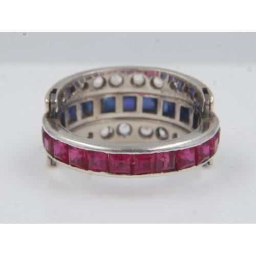 54A - Art Deco unmarked white metal flip ring, set with sapphires, rubies and white topaz, size N/O, 4.0g.... 