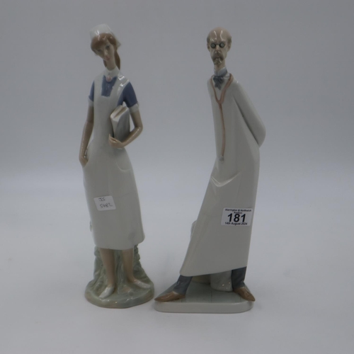 181 - Lladro figurines of a Doctor and a Nurse, both boxed, H: 36cm, in good order with no issues noted. U... 