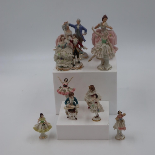 185 - A collection of miniature Dresden and similar figurines, largest H: 14 cm, some losses throughout. N... 