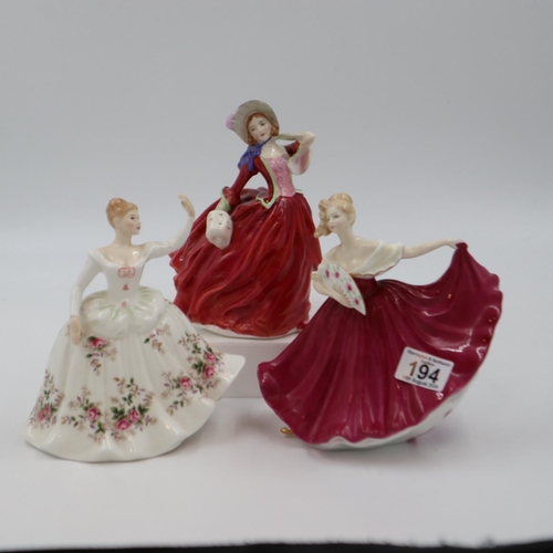 194 - Three Royal Doulton figures, Autumn Breezes HN1934, Shirley HN2702, and Elaine HN3741. UK P&P Group ... 