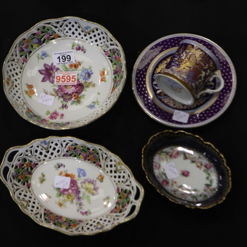 199 - Four good quality ceramics, including a hand painted pierced bowl by Schumann of Germany and a Limog... 