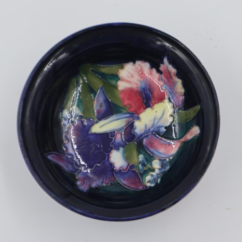 205 - Moorcroft footed bowl in the Orchid pattern, on a cobalt blue ground, 16.5cm D. UK P&P Group 1 (£16+... 