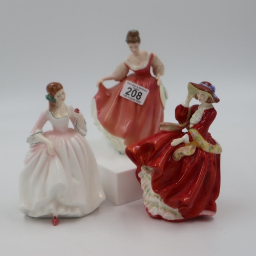 208 - Three Royal Doulton lady figures: Top O' The Hill HN1834, Fair Lady HN2835, and Tender Moment HN3303... 