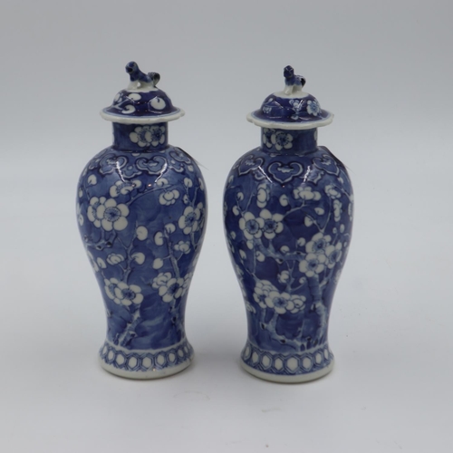 264 - A pair of Chinese 19th century covered vases, each decorated in the prunus pattern, H: 22 cm, no mar... 