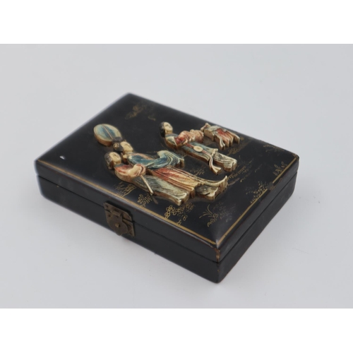 266 - Japanese lacquered casket with applied figural decoration 14cm x 18cm, some minor faults. UK P&P Gro... 