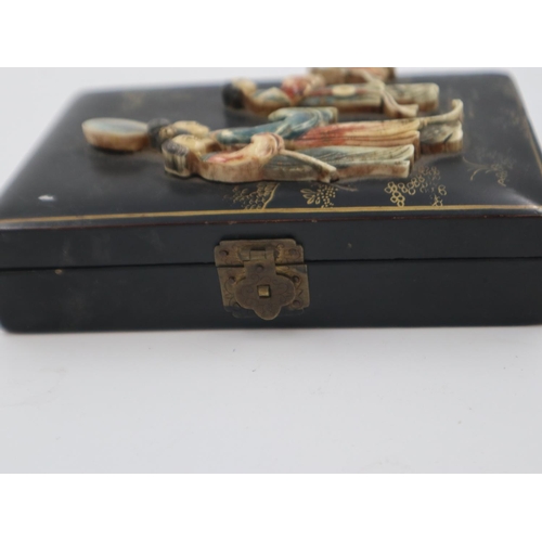 266 - Japanese lacquered casket with applied figural decoration 14cm x 18cm, some minor faults. UK P&P Gro... 