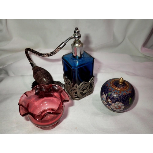 1069 - French glass atomiser, a cranberry bowl and a cloisonne pot. UK P&P Group 1 (£16+VAT for the first l... 