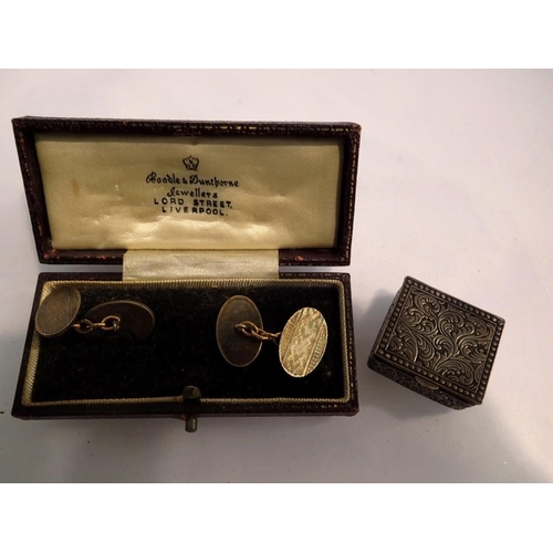 1080 - Silver Boodles & Dunthorne boxed cufflinks and a white metal pill box. UK P&P Group 1 (£16+VAT for t... 