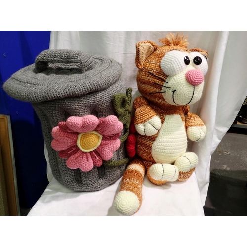 1165 - Large hand-knitted cat and a knitted bin. Not available for in-house P&P